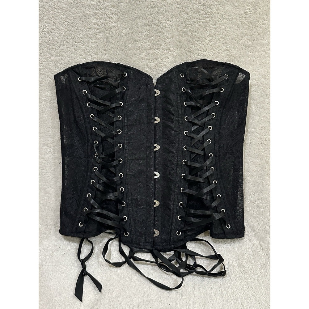 Adore Me Women's Corset‎ Bra Large Black Lace Floral Bustier Boning Garter Hooks